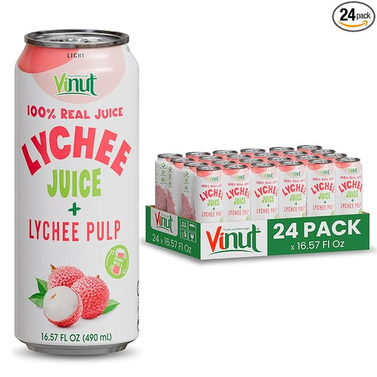 VINUT 100% Natural Lychee Juice Drink with Pulp, Real Lychee Juice, Gluten Free, GMO-Free, 16.57 fl oz, Pack of 24