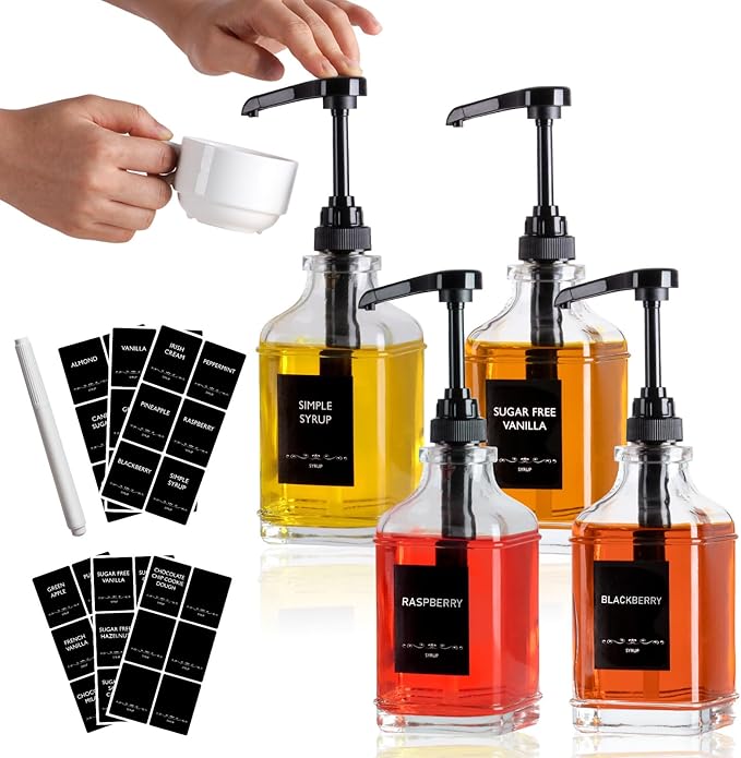 Alotpower 4-Pack 16oz Glass Coffee Syrup Dispenser Bottles, Empty Square Dispenser for Coffee Bar with 1/4oz Pump - Kit Includes 36 Labels & Marker