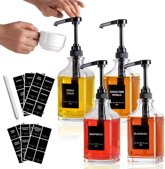 Alotpower 4-Pack 16oz Glass Coffee Syrup Dispenser Bottles, Empty Square Dispenser for Coffee Bar with 1/4oz Pump - Kit Includes 36 Labels & Marker