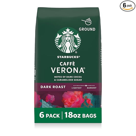 Starbucks Ground Coffee, Dark Roast Hot or Iced Coffee, Caffè Verona, Six 18 oz Bags