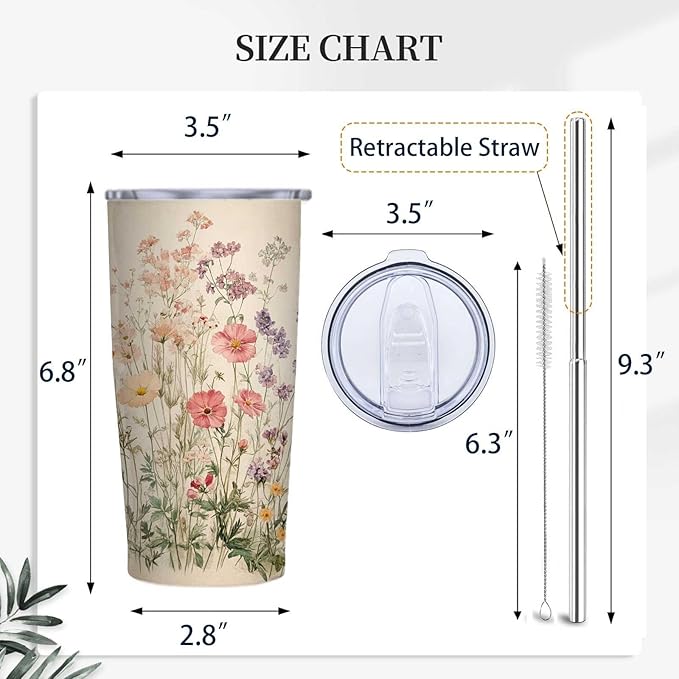 Wild Flower Tumbler 20 oz, Stainless Steel Travel Mug with Leak-Proof Lid and Retractable Straw, Floral Insulated Cup for Coffee, Tea and Iced Drinks, Birthday and Christmas Gifts for Women