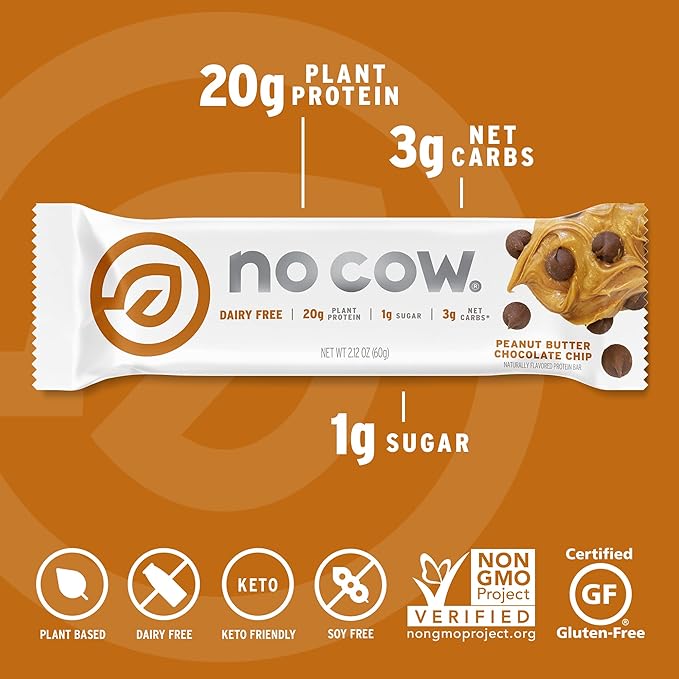 No Cow Vegan Protein Bars, Upgraded Peanut Butter Chocolate Chip | 20g Plant Based Protein, Gluten Free, Dairy Free, Soy Free, Keto Friendly, Low Sugar, High Fiber Snack Bars | Pack of 12