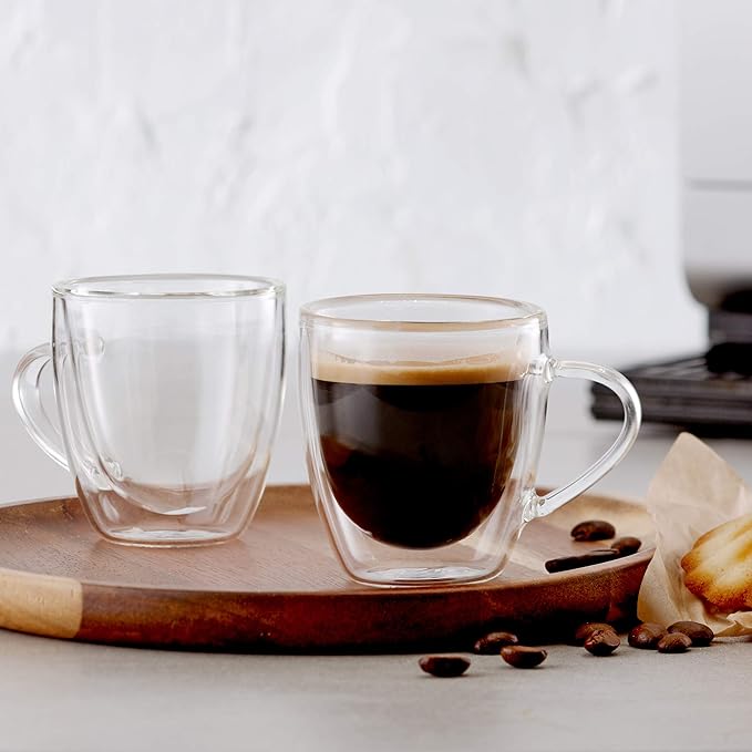 Insulated Double Wall Mug Cup Glass-Set of 4 Mugs/Cups for Coffee,Cappuccino,latte,espresso,Tea,Thermal,Clear,75ml