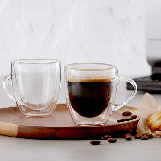 Insulated Double Wall Mug Cup Glass-Set of 4 Mugs/Cups for Coffee,Cappuccino,latte,espresso,Tea,Thermal,Clear,75ml