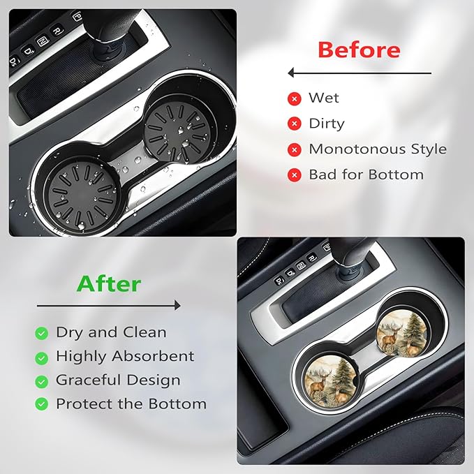 Car Cup Holder Coasters, 2 Pcs Ceramic Coasters with Finger Slot and Cork Back, Anti-Slip Shock Absorbing Women and Men Universal Car Accessories - Artistic Deer