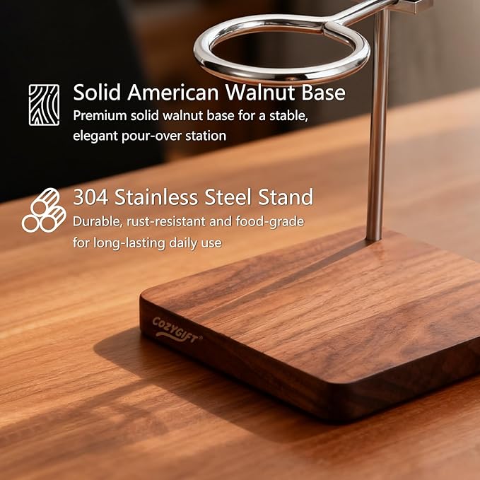 COZYGIFT Pour Over Coffee Stand with American Black Walnut Base, Adjustable Coffee Dripper Stand, Wooden Brewing Station, Cone Holder, Elegant Gift for Brew Enthusiasts, Home Barista & Kitchen Décor