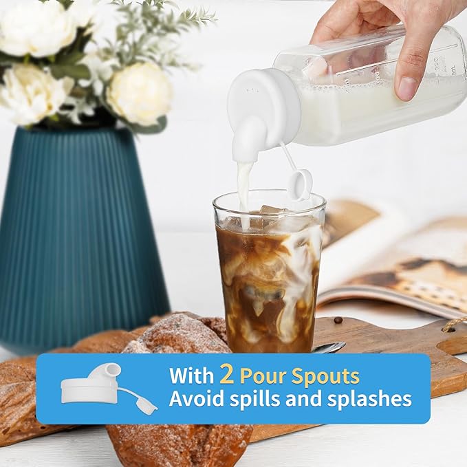 6 Pack 16 Oz Glass Juice Bottles with 2 Pour Spouts, 100% Airtight Heavy Duty SCREW Lid- Reusable Glass Milk Bottles w Scale Mark, Square Drinking Jar Juice Container Breast Milk Pitcher(Extra 2 Lid)