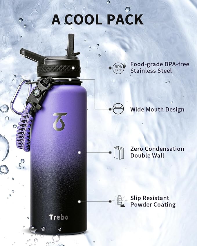 Trebo Water Bottle 40oz with Paracord Handle, Half Gallon Large Vacuum Double Wall Stainless Steel Insulated Water Jug with Holder Strap Straw Spout Lids, Leakproof Keep Cold & Hot,Dark Purple