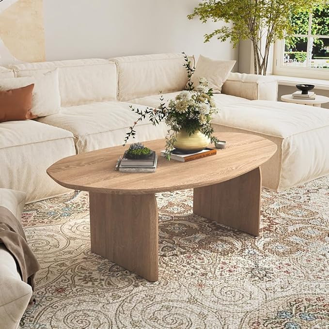 Honyee Oval Coffee Table, 47.2" Wood Coffee Table for Living Room, Modern Wooden Center Table with Solid Wood Veneer Legs, Sturdy Rounded Edge Design, Easy Assembly, Apartment Friendly, Natural