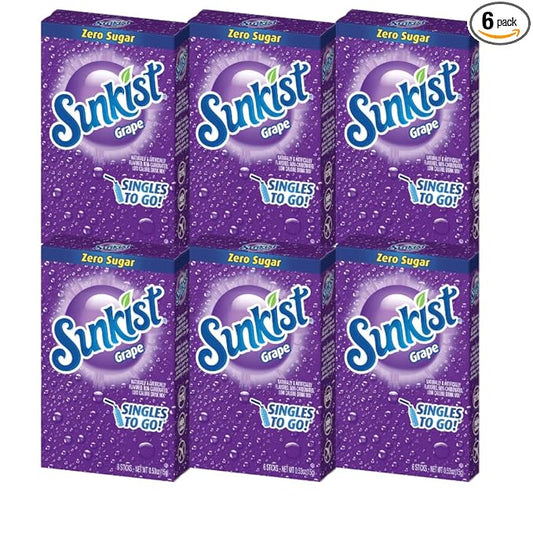 Sunkist Singles-To-Go Drink Mix, Grape, Non-Carbonated, Low-Calorie, Zero Sugar, 6 CT in each box (Pack of 6)