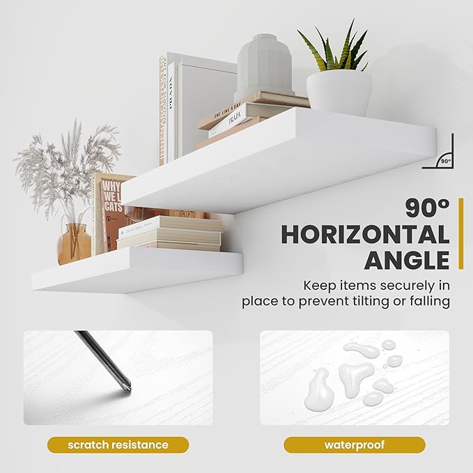48 Inch Floating Shelves, 9.3" Deep Floating Shelf Wall Mounted, 48" Wall Shelves, Rustic Deep Bookshelf, Large Display Shelves & Storage Shelves for Bedroom, Living Room, White, Set of 1