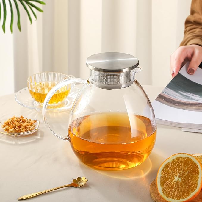 GURUDAR 68OZ/2000ML One Touch Glass Teapot with Stainless Steel Filter Lid, Stovetop & Microwave Safe Tea Maker Water Kettle, Strainer & Cover 2 in 1 Loose Leaf Tea Steeper Pot Coffee Carafe