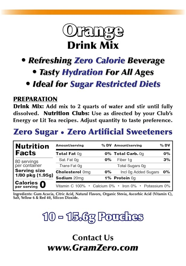 GramZero Orange, Sugar Free Drink Mix, Pitcher Pack, Great For Nutrition Club Loaded Tea, Zero Calorie, Stevia Sweetened