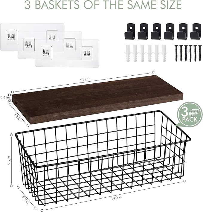 Wall Hanging Baskets 3 Pack, Diversified Wire Basket Shelves of Wooden Style, with Wall Mounted Hooks & Traceless Stickers, for Kitchen Coffee Bar Office Room Garage Storage Organization (Extra Large)