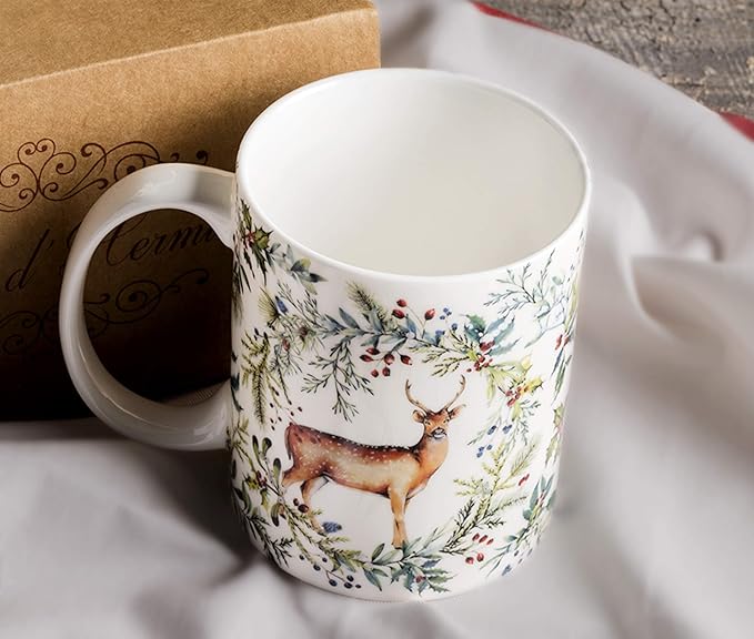 Maison d' Hermine Coffee Mug with Handles Fine Bone China Mugs Pack of Two Tea Cups for Hot Beverages Cappuccino Latte Home Restaurant Office Perfect for Gift (Holly Time, 15 Ounce)