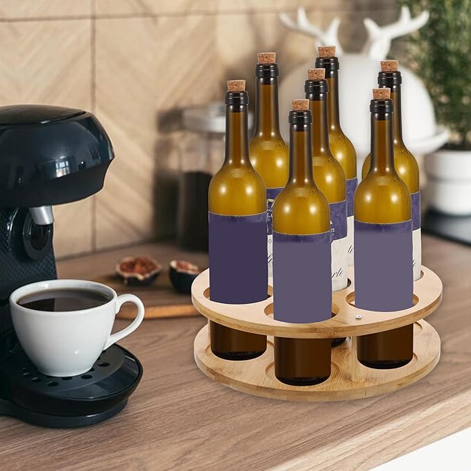 Wooden Rotating Coffee Syrup Organizer Rack, Syrup Bottle Stand Holder for Coffee Syrup Station, 7 Bottles Storage Display Turntable Tray&Lazy Susan for Syrup, Liquor Wine in Kitchen Countertop