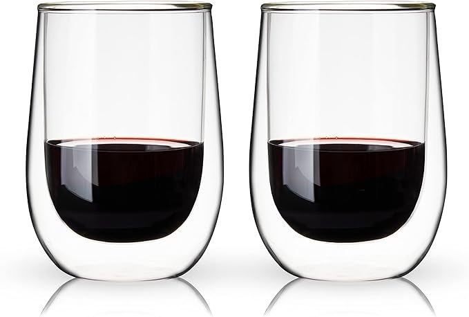 True Double Walled Stemless Wine Glasses, 10 oz Borosilicate Glass Cups for Red and White Wines, Insulated Cocktail Glasses, Clear Iced Coffee Cups, Home Bar Glassware, Wine Lovers Gifts, Set of 2