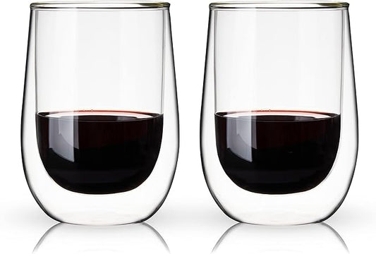 True Double Walled Stemless Wine Glasses, 10 oz Borosilicate Glass Cups for Red and White Wines, Insulated Cocktail Glasses, Clear Iced Coffee Cups, Home Bar Glassware, Wine Lovers Gifts, Set of 2