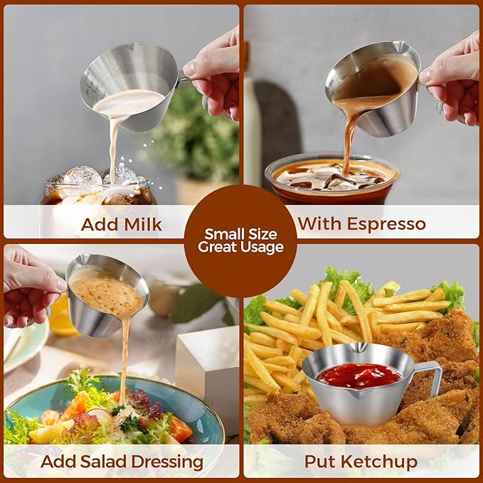 10Pcs Stainless Steel Espresso Cups, Double Spout Metal Espresso Measuring Cup with Handle, Dual Scale Espresso Shot Cup with V-Shaped Mouth, 3.4oz/100ml (Silver)