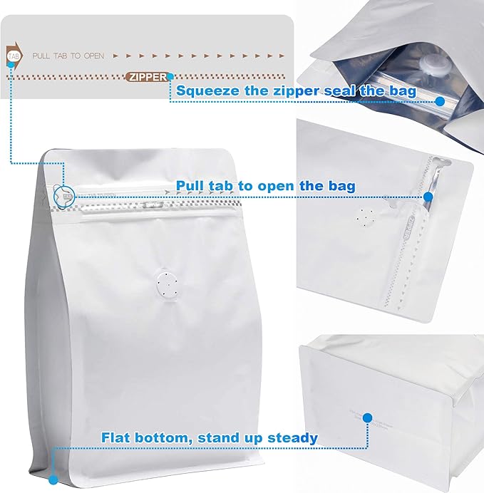 100 Pieces 8oz/0.5lb White Kraft Paper Coffee Bags, Stand Up Coffee Pouches with One Way Degassing Valve and Reusable Side Zipper (Pull Tab to Open) Flat Bottom - Stand Up Well (8oz, 0.5lb, 227gram)