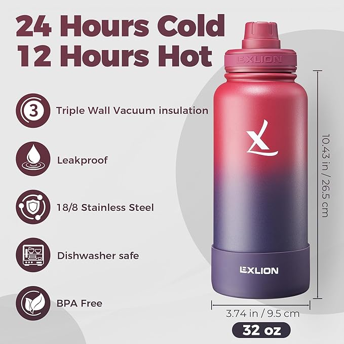 Lexlion Tea Infuser Water Bottle 32 Oz – Triple Wall Insulated Stainless Steel, Loose Leaf & Fruit Strainer, 3 Leakproof Lids, BPA-Free Silicone Sleeve, Reusable Thermal Mug