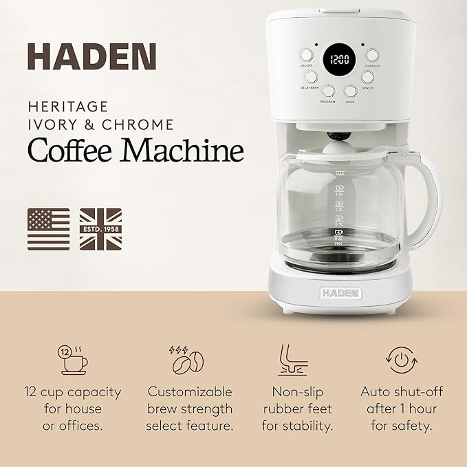 HADEN Coffee Machine, 12 Cup Programmable Drip Coffee Maker, Ivory & Chrome