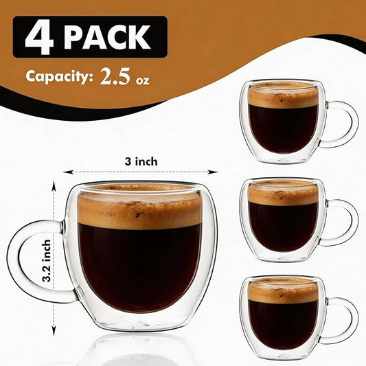 2.5oz Espresso Cups Set of 4, Small Expresso Shot Glass, Clear Expresso Coffee Cup with Handle, Double Wall Insulated Espresso Mugs,Tazas De Cafe Expreso, Suif for Espresso Machine Accessories