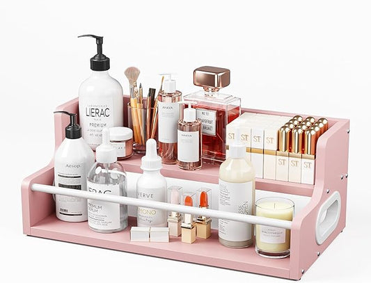 KLM 2-Tier Liquor Bottle Display Shelf, Bar Counter Organizer with Metal Rod, Mini Bar Storage Rack (Pink)