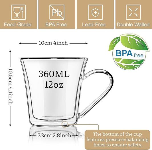 Joeyan 12oz Glass Coffee Mugs, Double Walled Insulated Coffee Mug Set of 2, Clear Glass Latte Cappuccino Espresso Cups with Handle for Home Office, Tea,Beer, Iced Coffee, Hot Chocolate& Gift