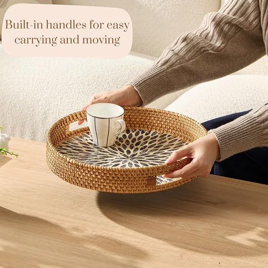 YANGQIHOME Round Rattan Tray with Handle, Mother of Pearl Inlay Decorative Wicker Basket for Coffee, Bread, Fruits, Serving Tray for Home Decor, Blue Leaf
