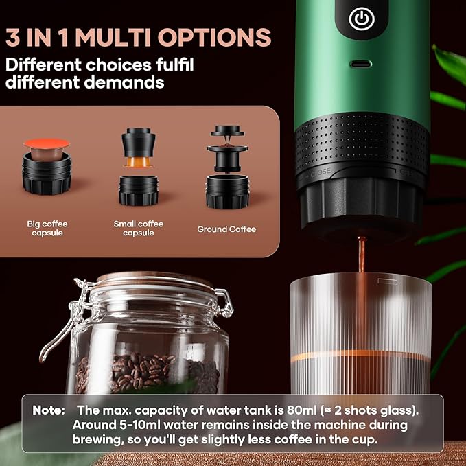 kejector Portable Coffee Maker Espresso Machine for Travel Nano Car Coffee Maker Compatible with Ground Coffee & Capsule for RV, Hiking Camping Office, Travel Espresso Maker Electric Green