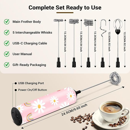 Milk Frother Handheld Rechargeable - 2-Speed Electric Whisk with 5 Detachable Heads (Frother/Mixer/Whisk) for Coffee, Latte, Cappuccino & Matcha, Drink Mixer （Flower 1)