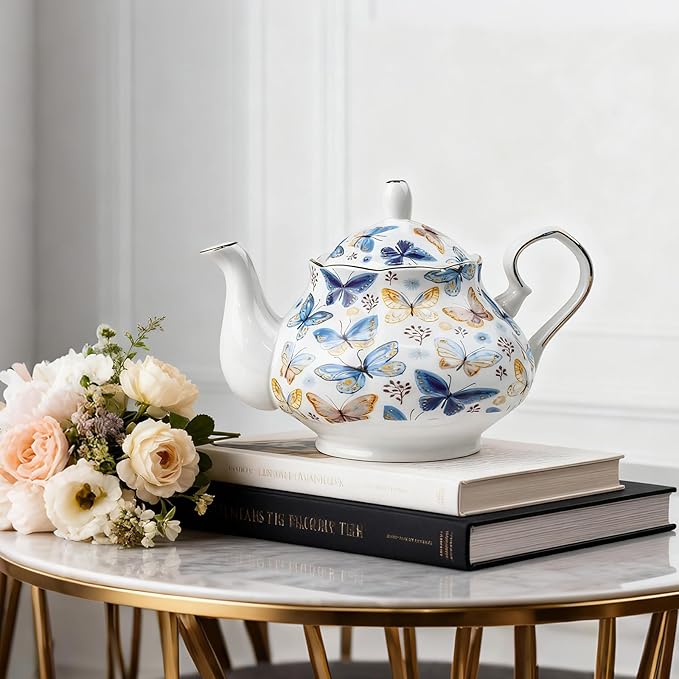 33.8 oz Porcelain Tea Pot Luxury Gold Trim Floral Ceramic Teapot Waterpot Tea Maker for Blooming Loose Leaf Tea Coffee Milk Chrismas Women Gift Housewarming Home Kitchen Décor (Butterfly)