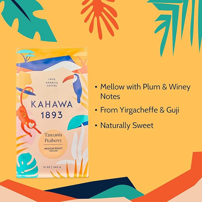 Kahawa 1893 Ground Coffee Medium-Light Roast Tanzania Peaberry Blend 12 Oz - As Seen on Shark Tank, High Antioxidants, Naturally Sweet, Organically Grown, Ethically & Sustainably Sourced