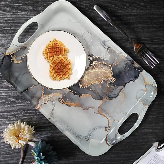 Serving Tray Decorative Tray with Handles Multi-Purpose Rectangular Serving Trays for Restaurant, Parties, Coffee Table, Kitchen - Grey Gold Marble Pattern