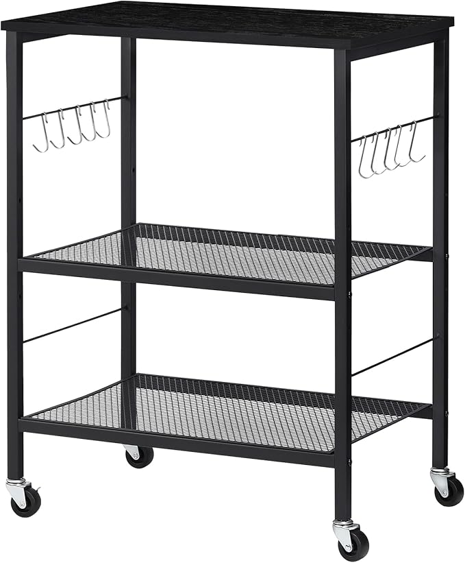 LIANTRAL Rolling Cart, 3-Tier Utility Microwave Bar Coffee Cart Kitchen Storage Shelf On Wheels, Black Large Side End Table Nightstand for Home Office