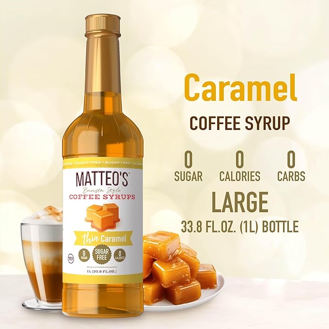 Matteo's Caramel Syrup for Coffee, Lattes, Cappuccinos & Desserts – Sugar-Free Sweetener for Beverages, Keto Friendly, Zero Calories, Indulgent Flavor, Non-Alcoholic, Ideal for Coffee 33.8oz (1pk)