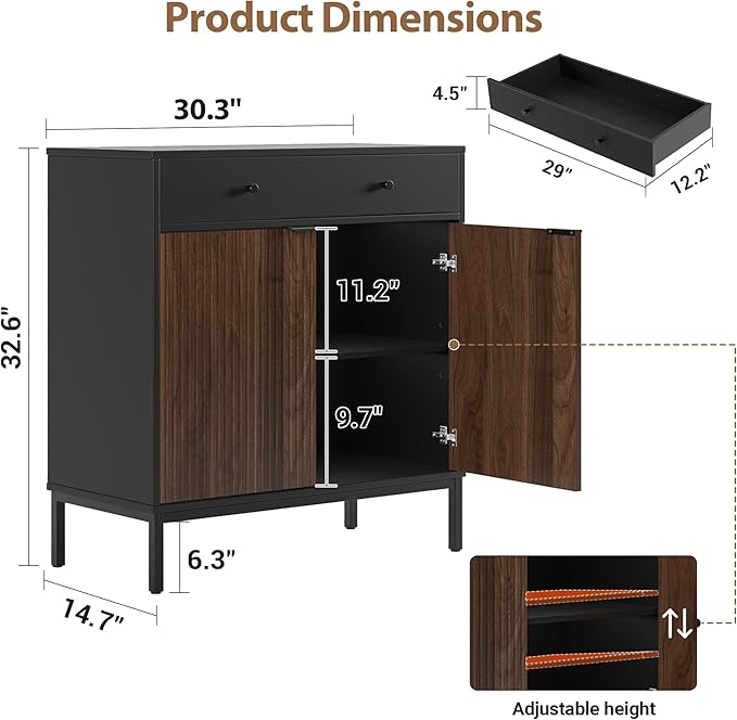 Mericonia Farmhouse Buffet Sideboard Cabinet with Storage, Fluted Coffee Bar with Doors and Adjustable Shelves, Modern Wood Console Cabinet for Kitchen, Livingroom (Fluted 2 Door, Black & Walnut)
