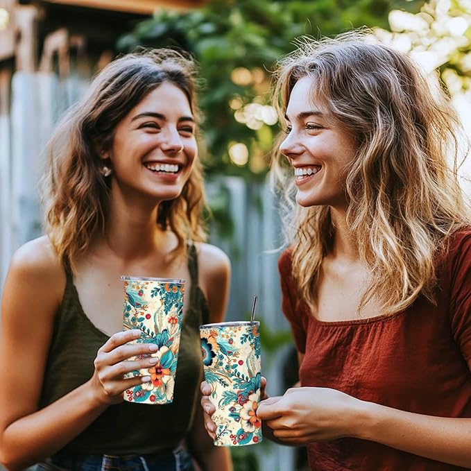Floral Tumbler 20 oz | Stainless Steel Travel Mug with Lid | Insulated Flower Cup for Coffee, Tea and Iced Drinks | Birthday and Christmas Gifts for Women, Mom and Girlfriend