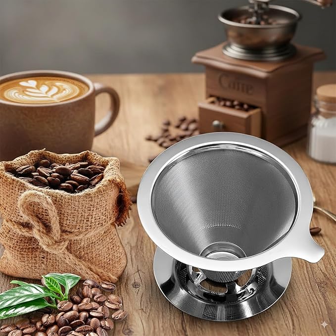 Stainless Steel Pour Over Coffee Dripper, Paperless Reusable Cone Coffee Filter with Ultra Fine Micro Mesh, Pour Over Coffee Maker for Single Cup Brew, Non-slip Stand for Perfect Extraction, 1-4 Cups