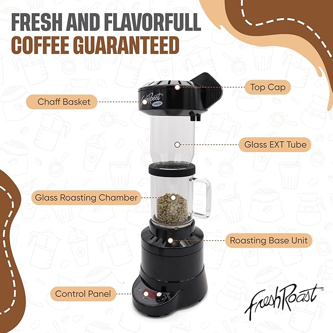 Fresh Roast Coffee Roaster Bundle SR800, Glass Extension Tube, Pour Over Digital Scale, 800ML Glass Pour Over, Electric Kettle, (2lbs) Sample Pack of Green Beans, (2-Pack) Sample Trays, Chaff Brush