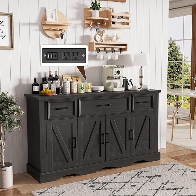 56" Buffet Cabinet with Storage, Farmhouse Sideboard Buffet with 3 Drawers and 4 Doors, Wood Coffee Bar Cabinet with Adjustable Shelves, Sideboard Storage for Kitchen, Living Room, Entryway, Black