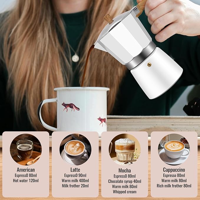 Vaolvpant 6 Cup Aluminum Moka Pot Classic Stovetop Espresso Coffee Maker 300ml 10oz Coffeemaker Percolator Mocha Express Preferred Cafe Makers for Italian and Cuban Café Brewing White