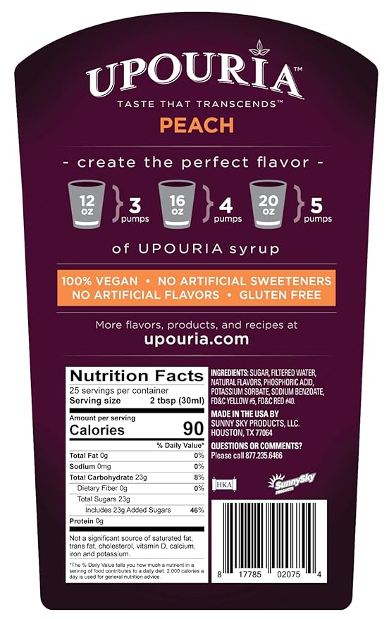 Upouria Peach Syrup Flavoring, 100% Vegan, Gluten-Free, Kosher, 750ml bottle (Pack of 2) with 1 Syrup Pump