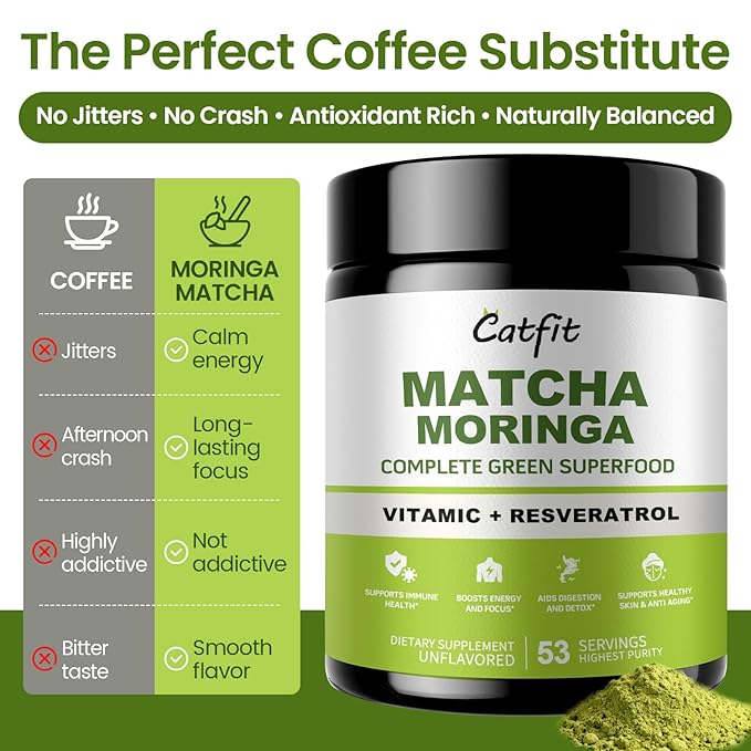 Catfit Matcha Powder with Moringa, Green Tea and Resveratrol, 4-in-1 Superfood for Energy, Immune, Digestion and Antioxidant Support, Vegan, Gluten-Free, 5.64 oz