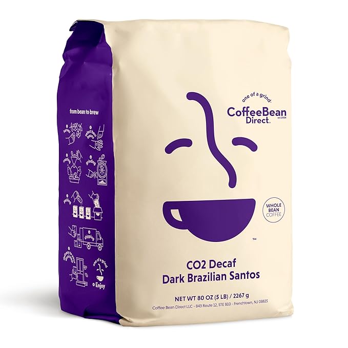 Coffee Bean Direct CO2 Decaf Dark Brazilian Santos, Whole Bean Coffee, Dark Roast, 5 Pound Bag (Pack of 1)