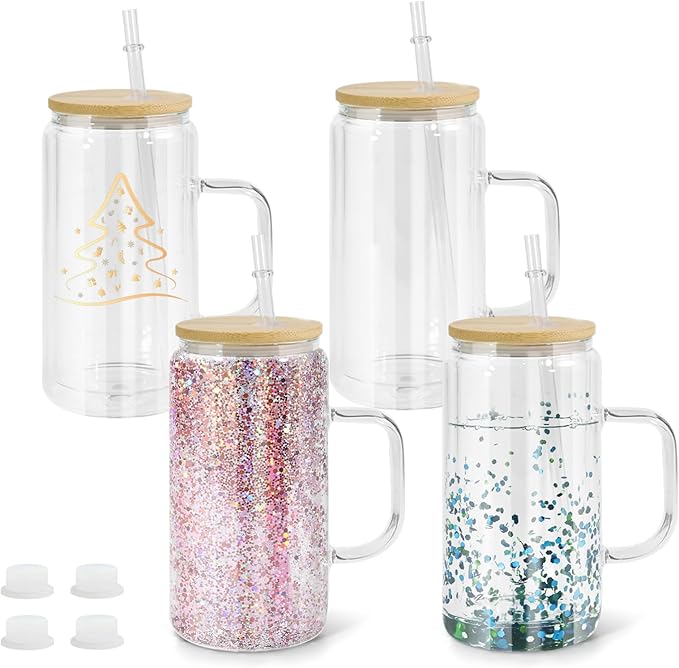 16oz Snowglobe Cups with Handle, 4Pack Pre-Drilled Sublimation Glass Cup with Lid and Straw, Double Wall Glass Coffee Mug, Snowglobe Cup Gifts for Snow Globe DIY Glitter, Bamboo Lid