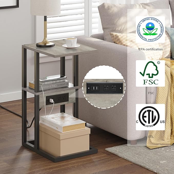 TUTOTAK C Shaped End Table with Charging Station, Side Table for Small Spaces, Living Room, Bedroom V1TB01BG043