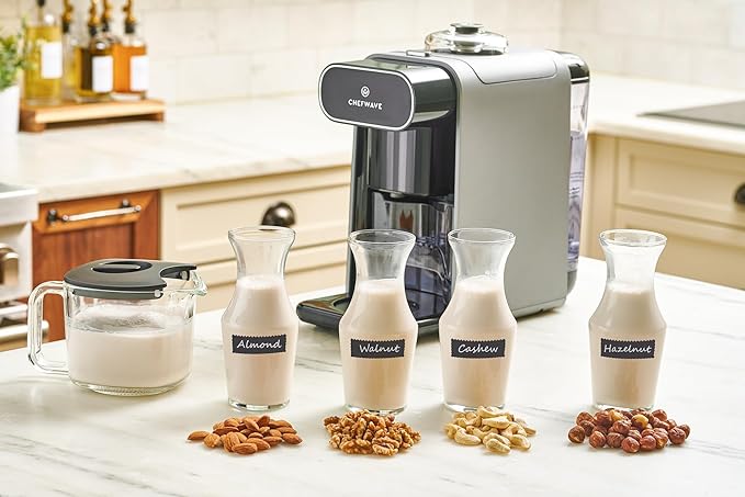ChefWave Milkmade Soy Milk Maker (Silver/Black) 6-in-1 Vegan Plant-Based Milk Machine with Auto Clean, and Delay Start, Almond, Oat, Soy, Cashew, Coconut, Macadamia Milk Maker with Nut Platter