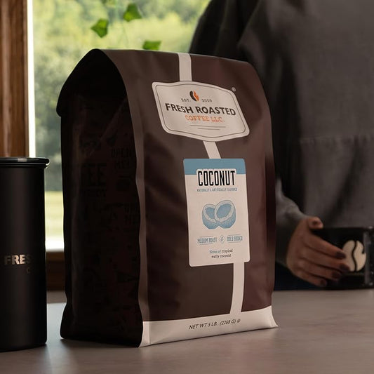 Fresh Roasted Coffee, Coconut Flavored Coffee, 5 lb (80 oz), Medium Roast, Kosher, Ground